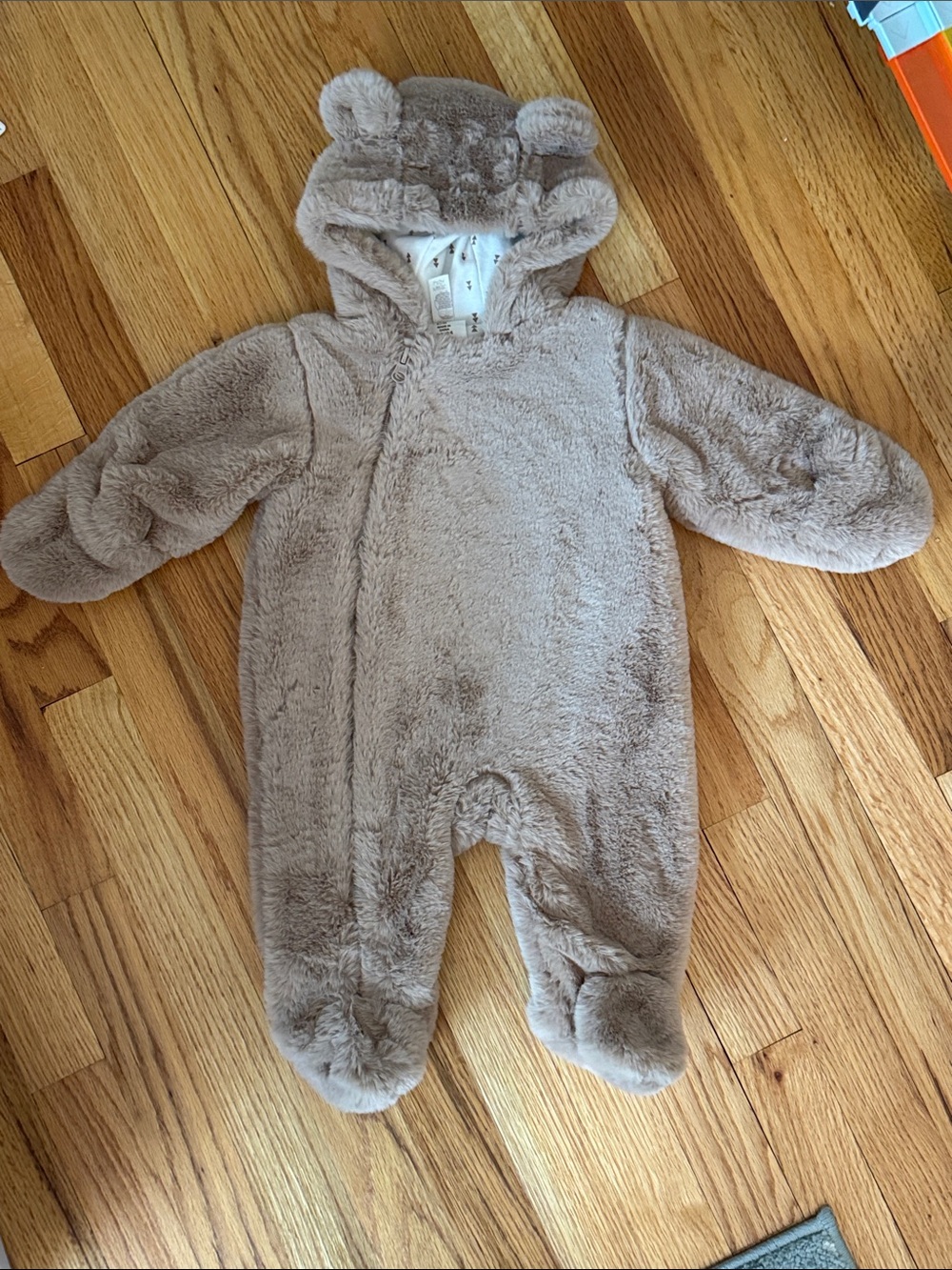 H&M Plush Teddy Hooded One-Piece in Taupe